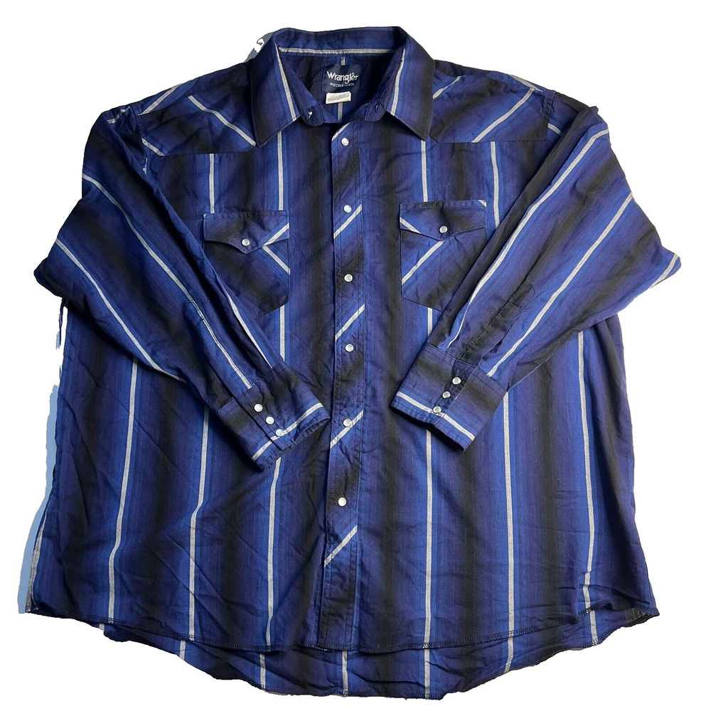Vtg Wrangler Western Pearl Snap Men Shirt Size 19X35 Striped‎ Faded Blue